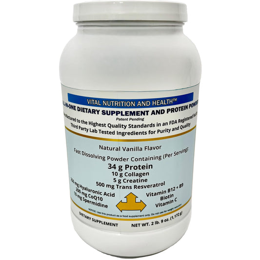 Vital Nutrition and Health all-in-one powder bottle front view for daily energy support