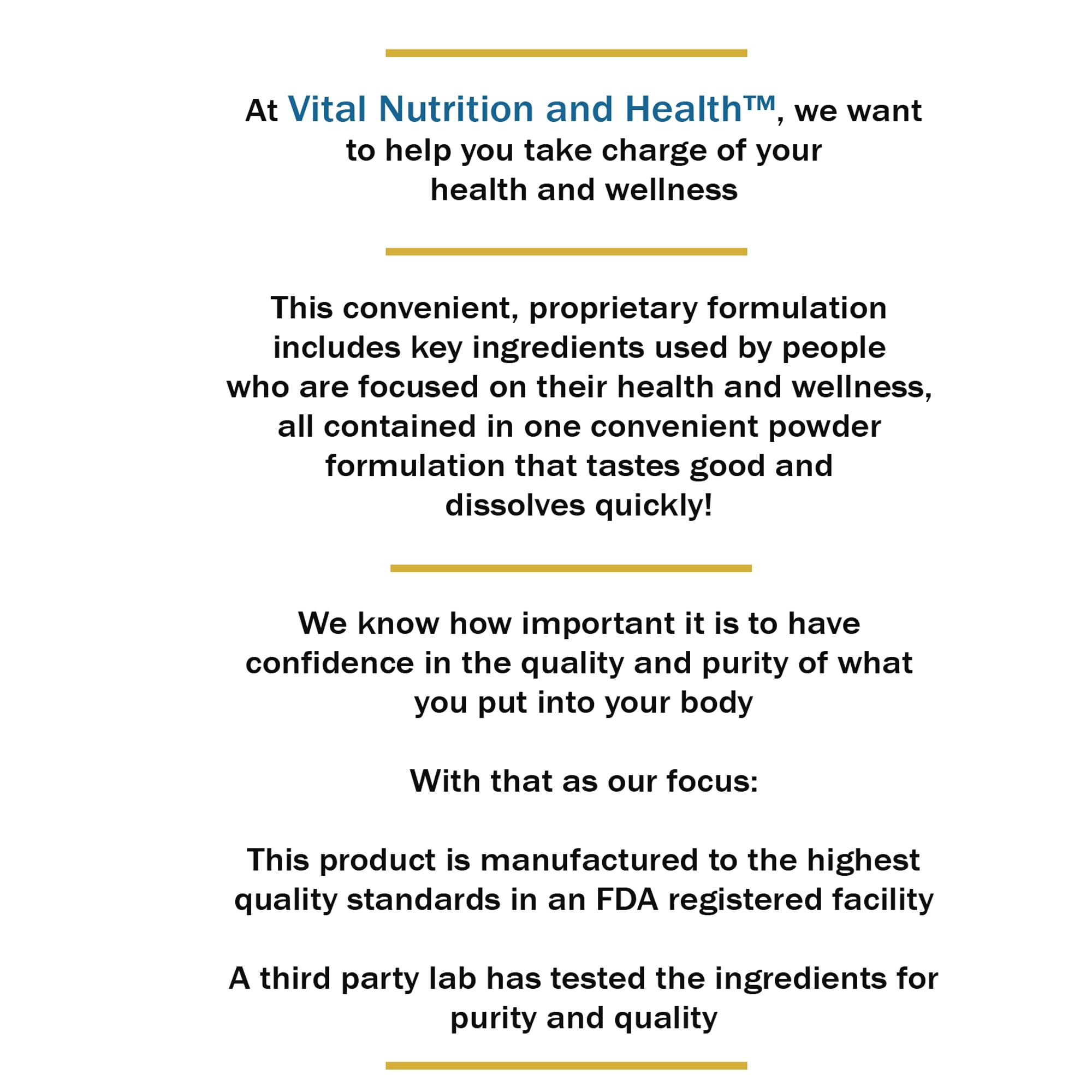 Vital Nutrition and Health all-in-one powder ingredients panel opened for transparency and quality cues