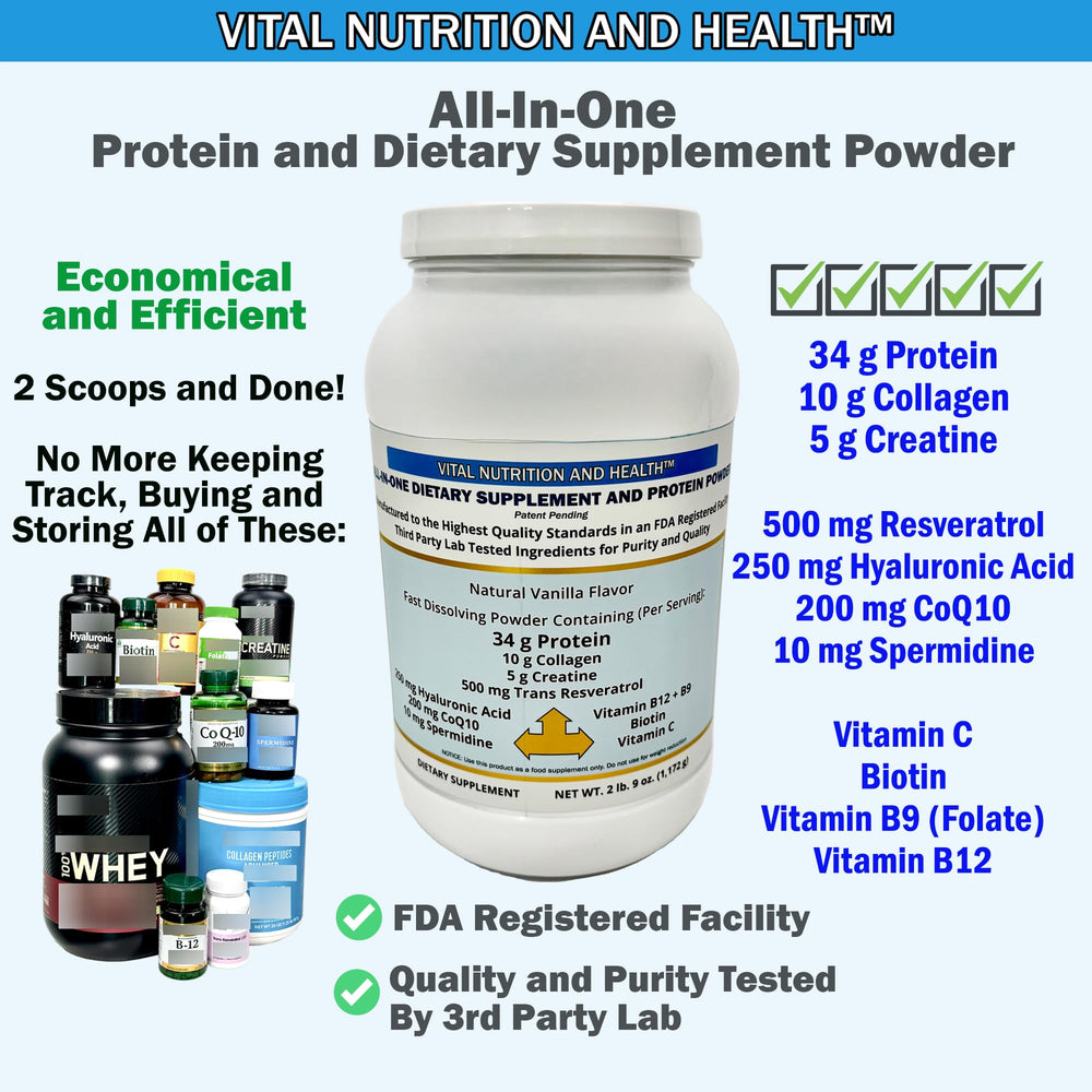 Scoop with Vital Nutrition and Health all-in-one powder showing portion control for convenient daily use