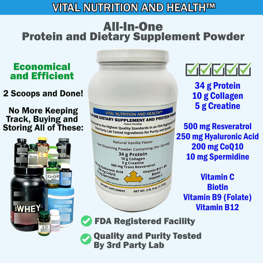 Scoop with Vital Nutrition and Health all-in-one powder showing portion control for convenient daily use