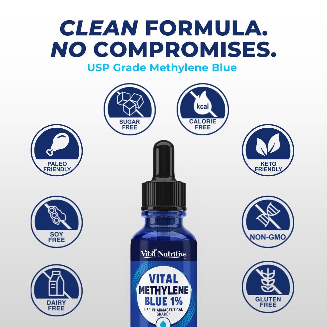 Vital Nutritive Methylene Blue Drops usage scene: user-friendly dropper for controlled dosing.