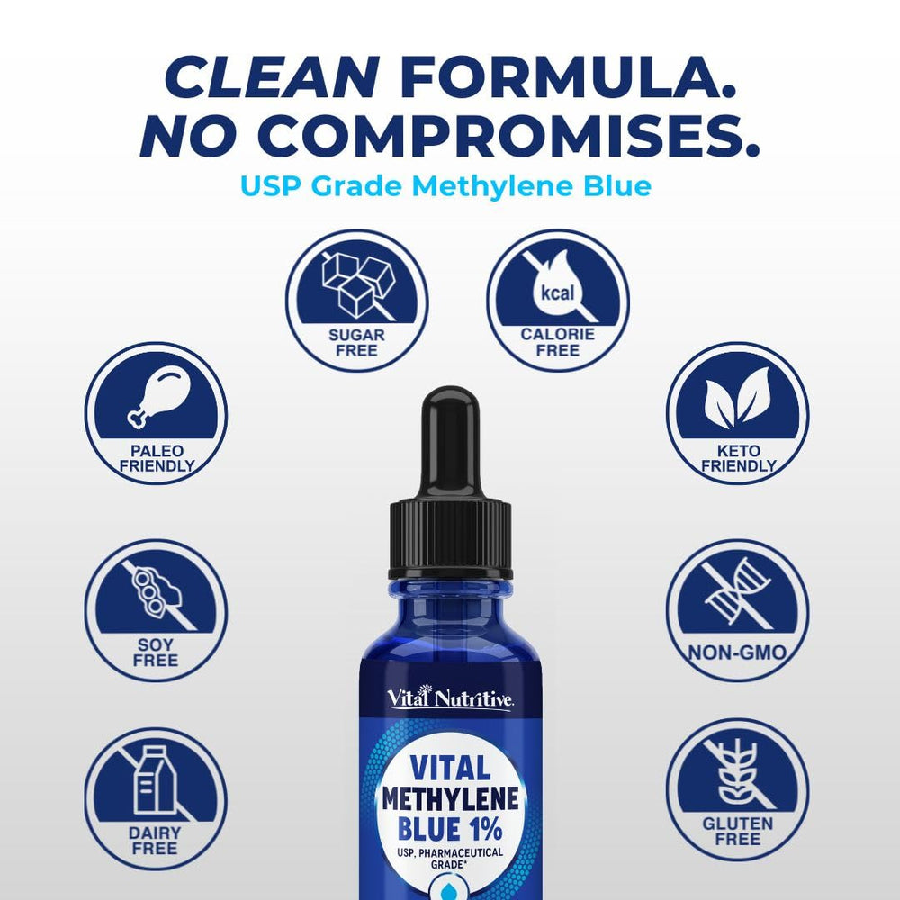 Vital Nutritive Methylene Blue Drops usage scene: user-friendly dropper for controlled dosing.