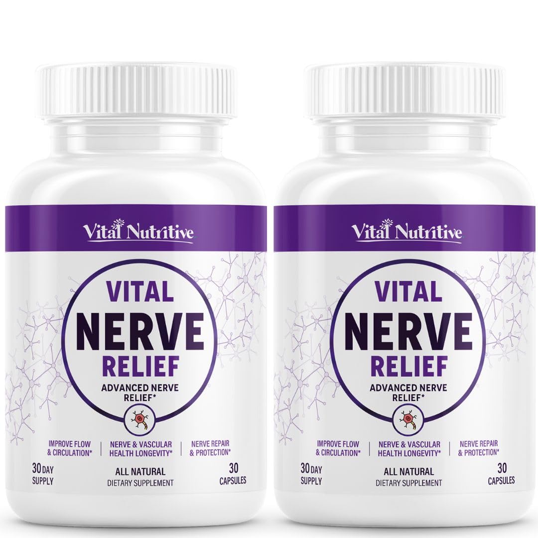 Vital Nutritive Nerve Relief bottle front showing vegan formula for daily nerve comfort.