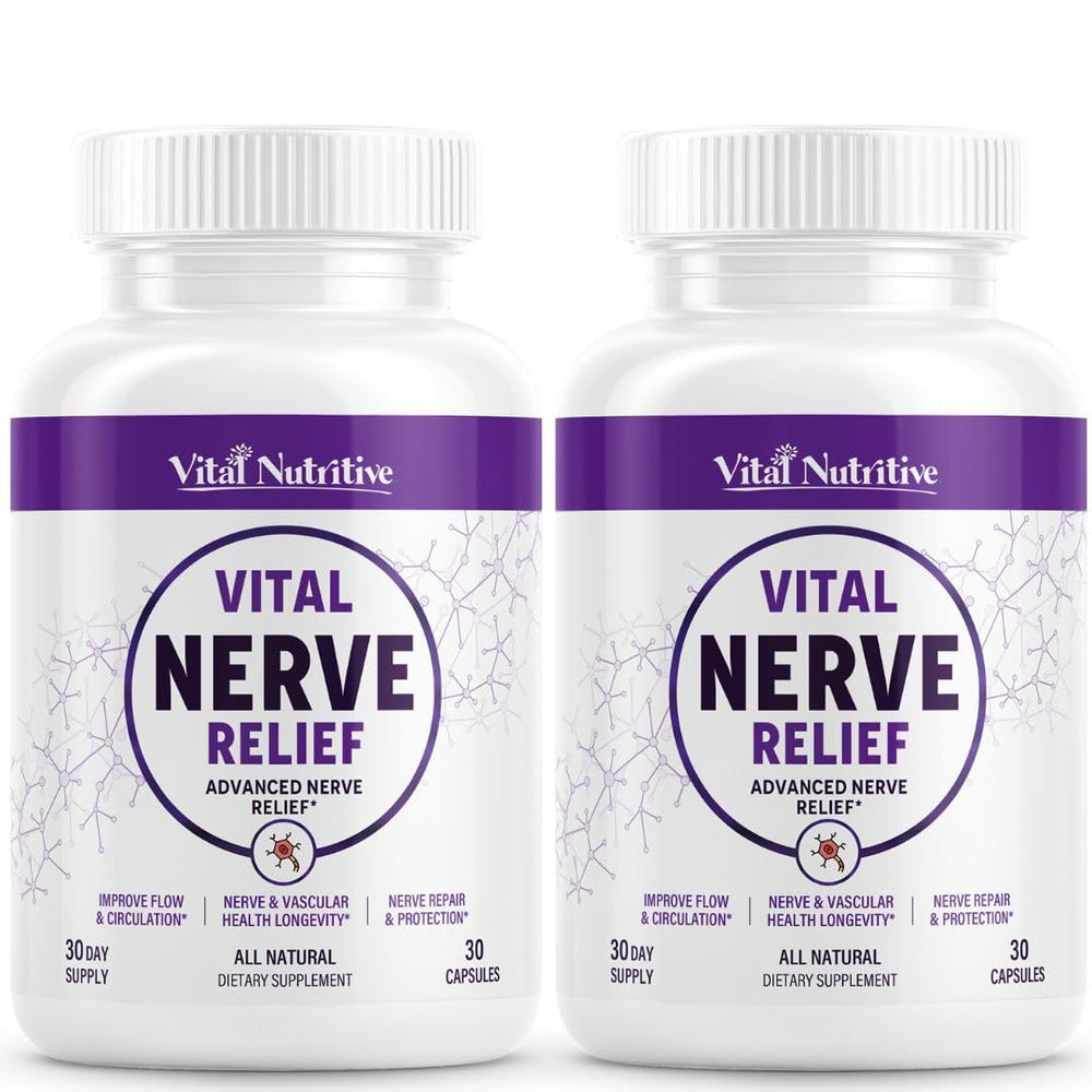 Vital Nutritive Nerve Relief bottle front showing vegan formula for daily nerve comfort.