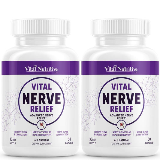 Vital Nutritive Nerve Relief bottle front showing vegan formula for daily nerve comfort.