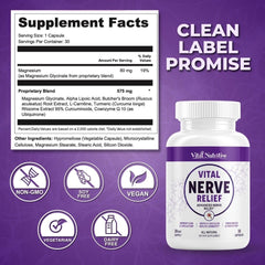 Vital Nutritive Nerve Relief dairy-free sugar-free badge emphasizes compatible serving options.