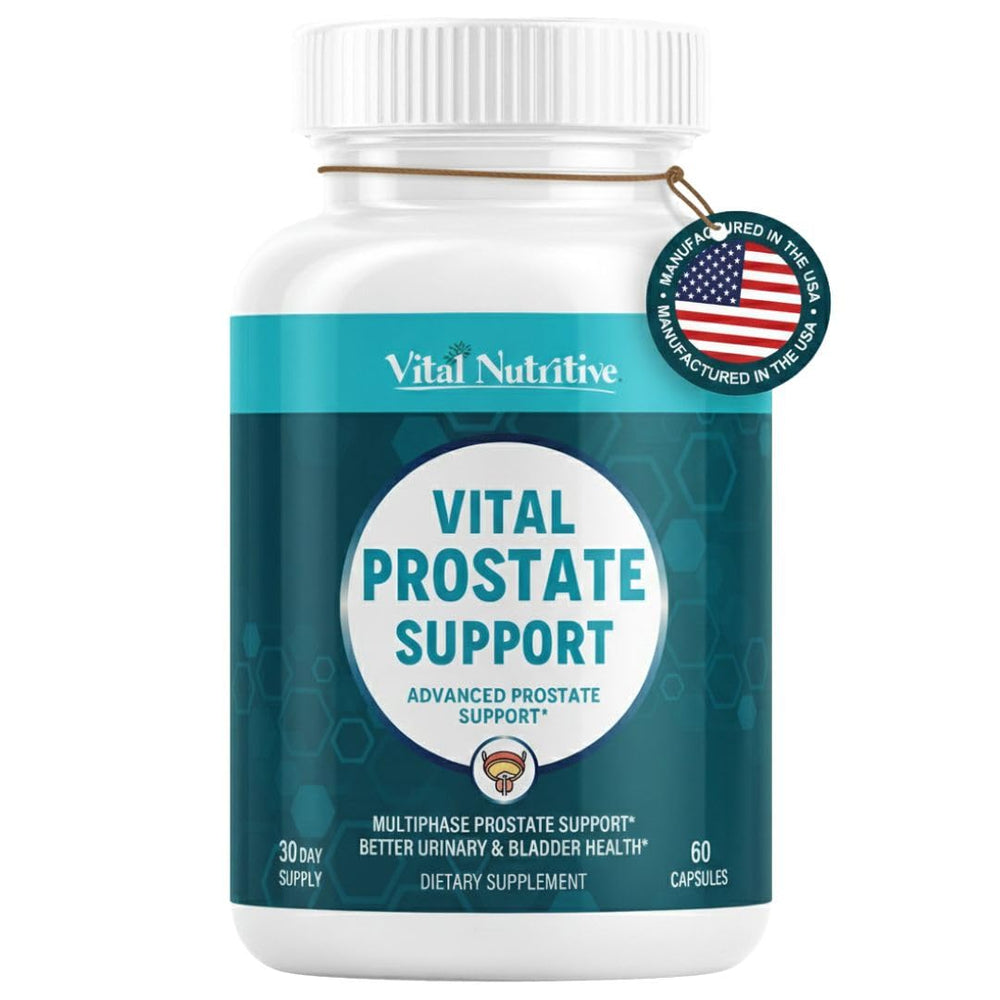 Vital Nutritive Prostate Support bottle closeup with capsules for urinary comfort.