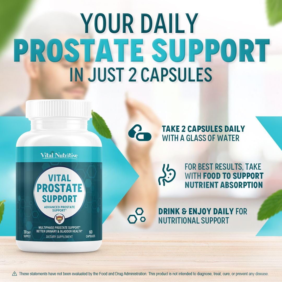 Vital Nutritive Prostate Support label featuring saw palmetto and pumpkin seed extract.