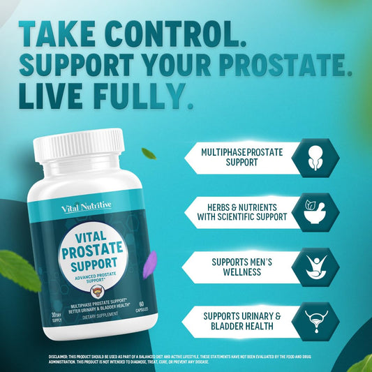 Vital Nutritive Prostate Support packaging box highlighting trusted ingredients for men.