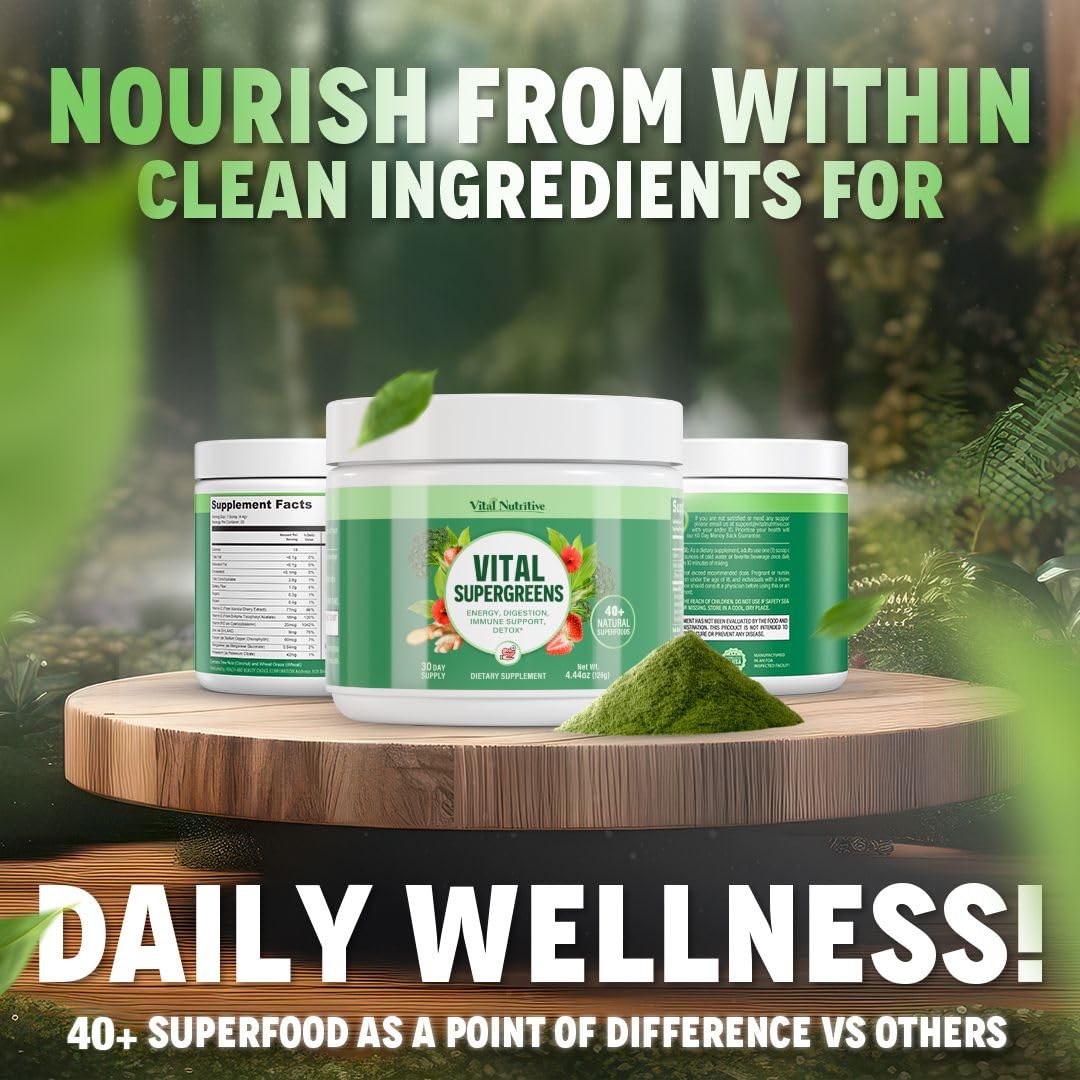 Vital Nutritive Vital Greens tea or water offers a clean energy lift