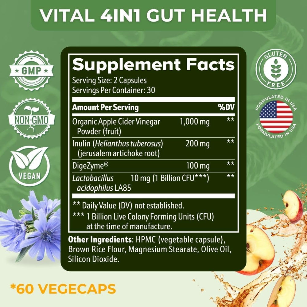 Vital Nutritive Vital Gut Health vegan, gluten-free label emphasizes clean nutrition.