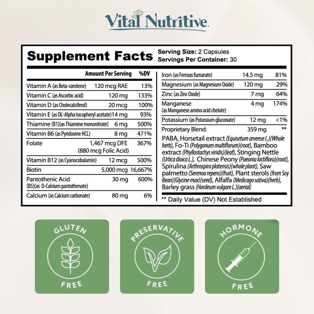 VITAL NUTRITIVE Vital Hair Complex bottle and glass—appealing, organized supplement routine for beauty care.