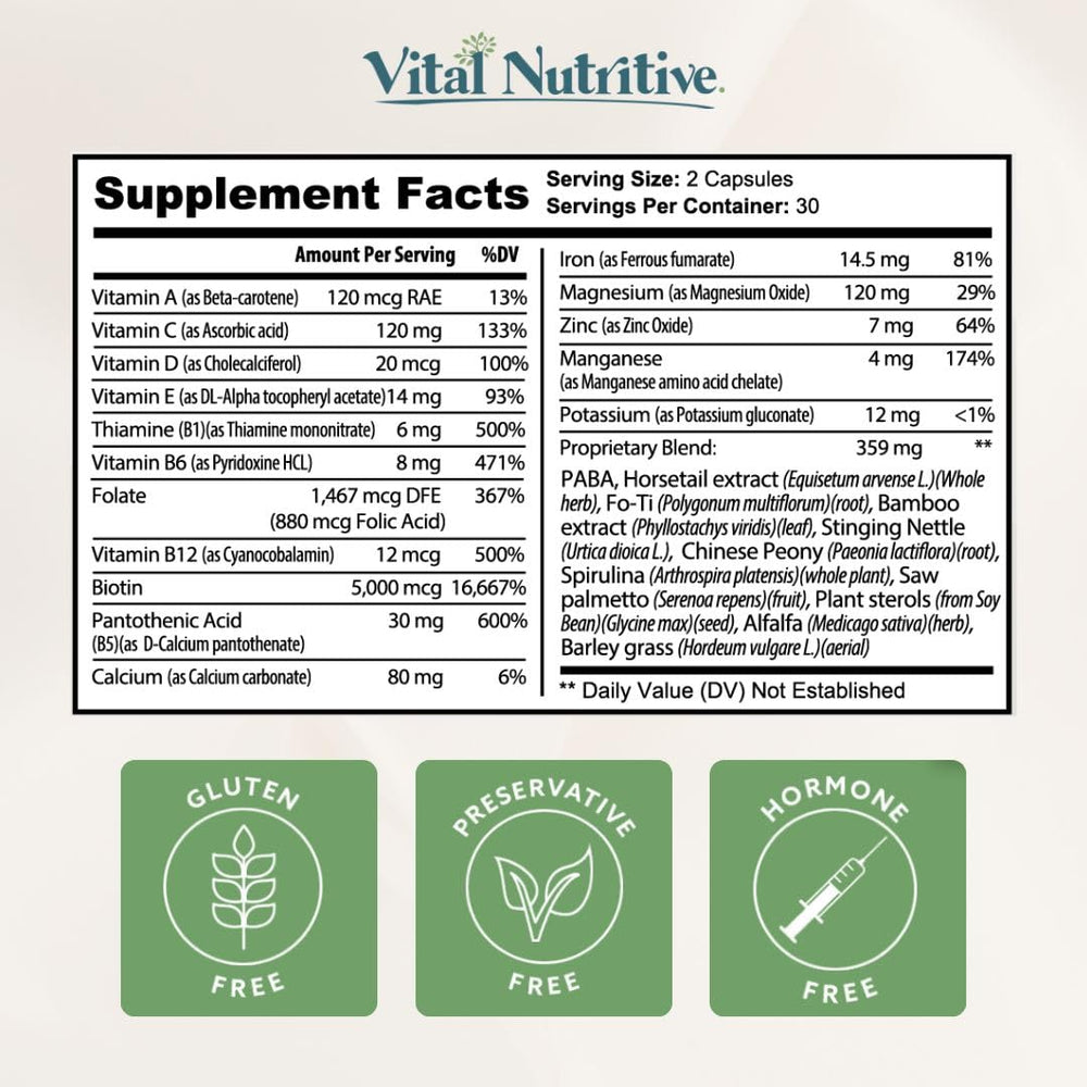 VITAL NUTRITIVE Vital Hair Complex bottle and glass—appealing, organized supplement routine for beauty care.