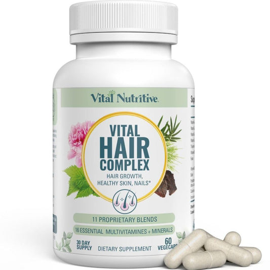 VITAL NUTRITIVE Vital Hair Complex bottle—daily capsules for hair wellness and vitality.