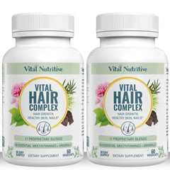 Vital Hair Complex bottle with capsules supports daily hair health and fullness.