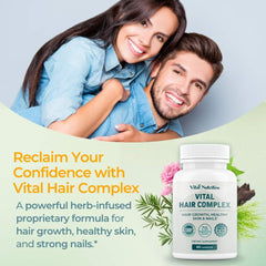 Close-up of Vital Hair Complex label highlighting biotin for hair wellness.