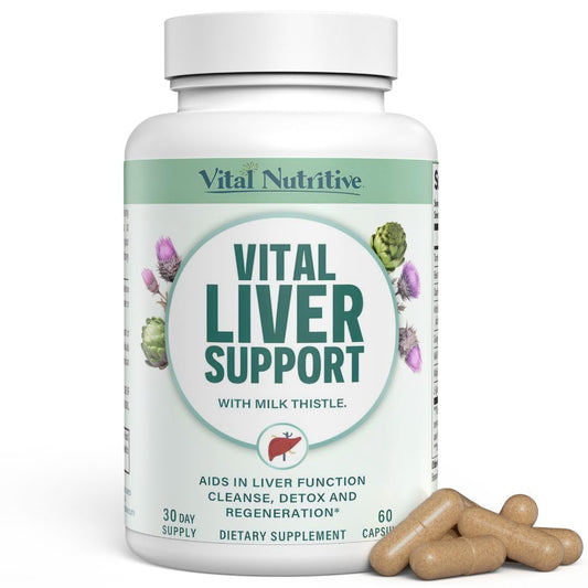 Vital Nutritive Vital Liver Support bottle on counter, premium liver health formula.