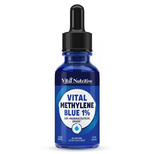 Vital Nutritive Methylene Blue Drops bottle: pharmaceutical-grade formula supports focused energy.
