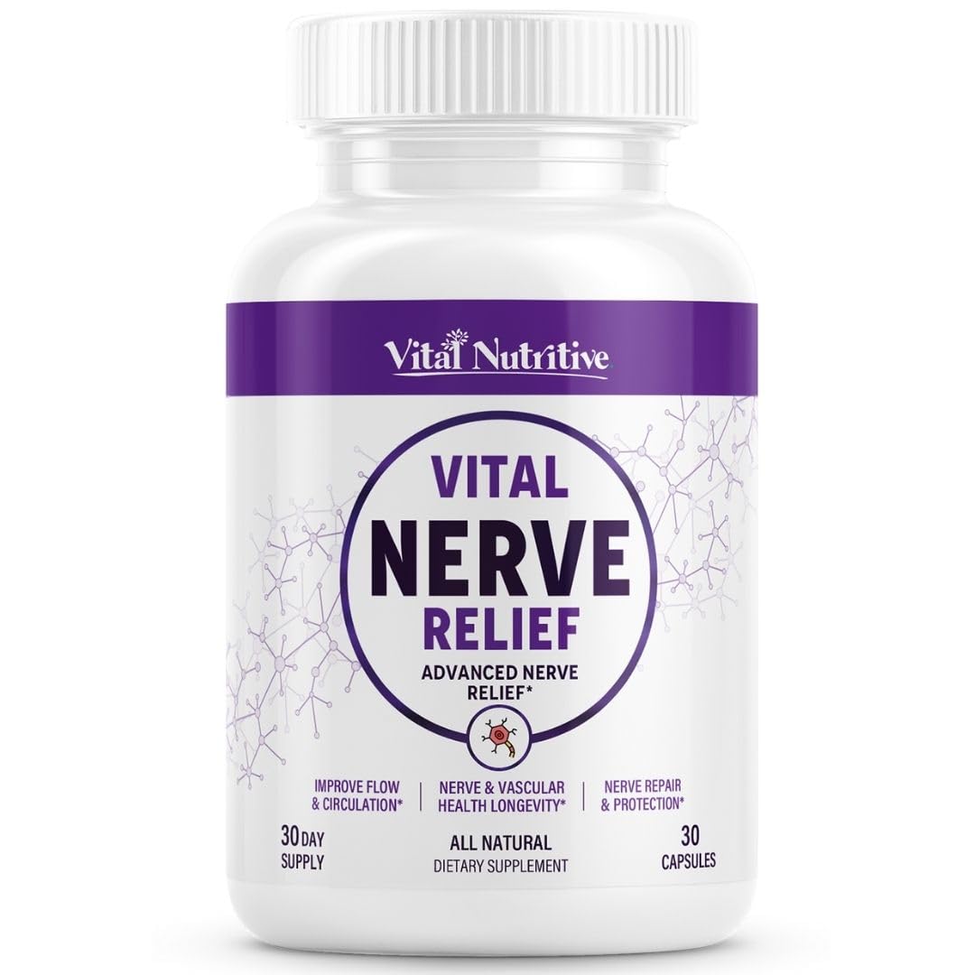 Vital Nutritive Vital Nerve Supplement bottle with label and capsules for daily nerve comfort.
