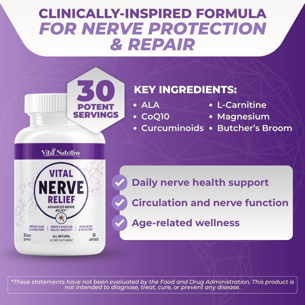 Vital Nutritive Vital Nerve capsules being poured to illustrate daily use.