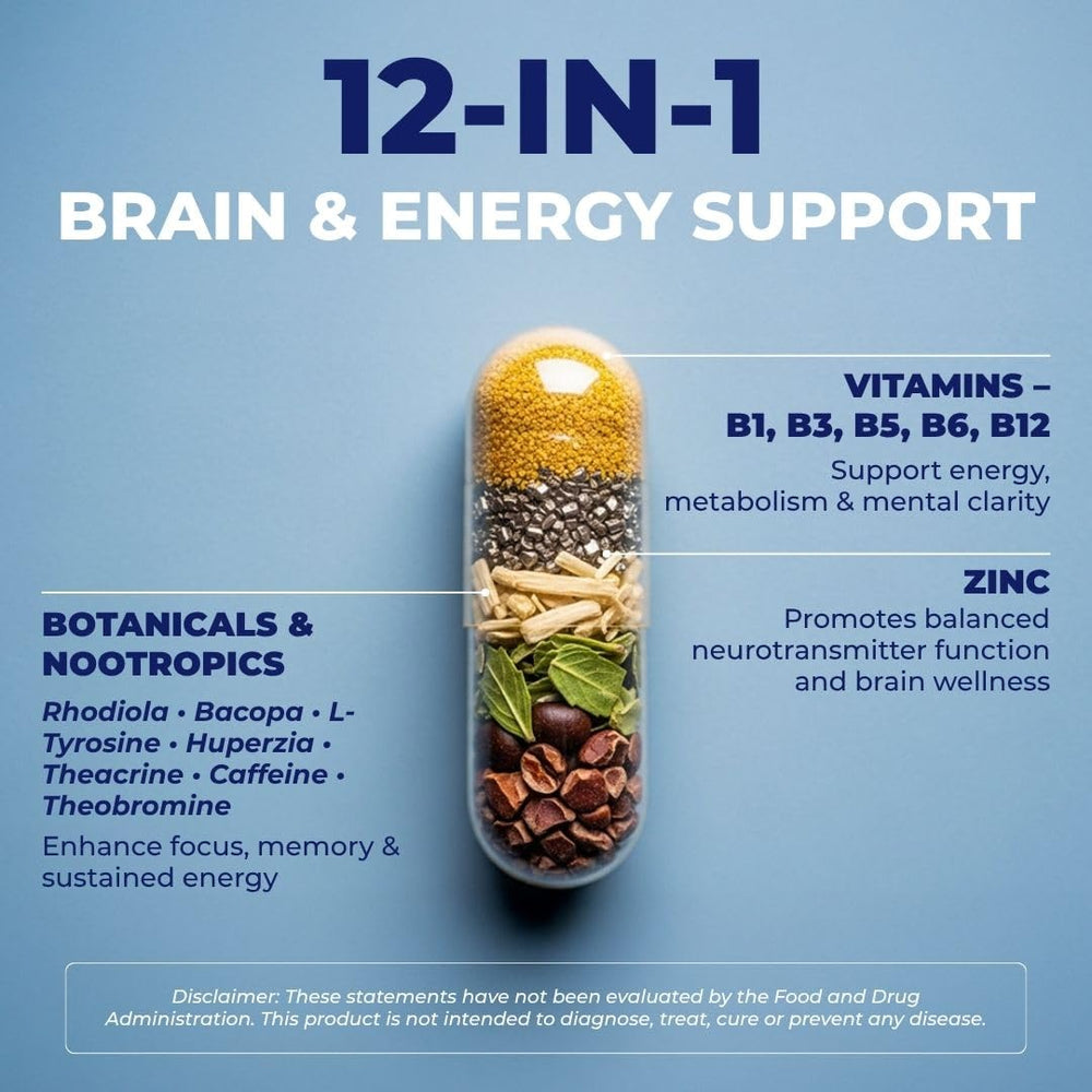 Vital Nootropic bottle label highlights 12-in-1 formula for memory support.