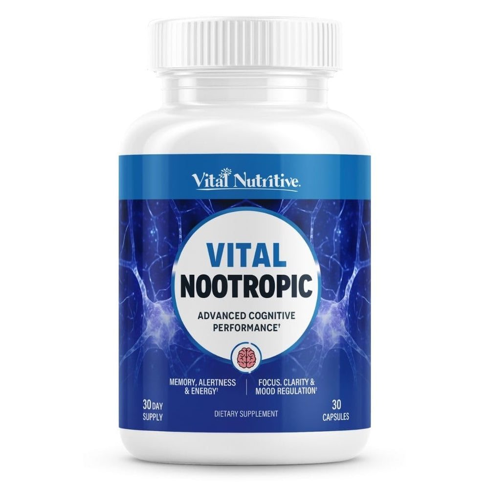 Vital Nootropic bottle on desk supports focused study sessions.