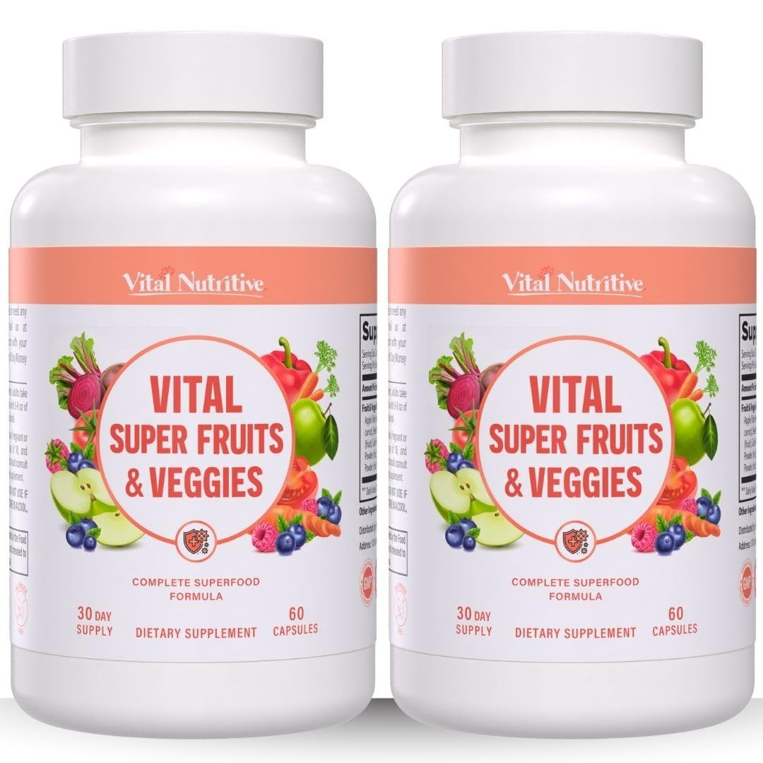 Vital Nutritive Vital Super Fruits & Veggies bottle on shelf for daily vitality.