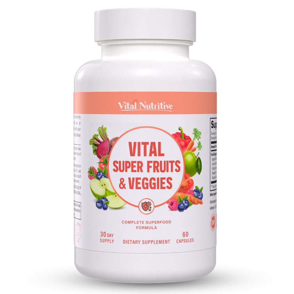 VITAL NUTRITIVE Vital Super Fruits & Veggies bottle with daily capsules for busy lifestyles.