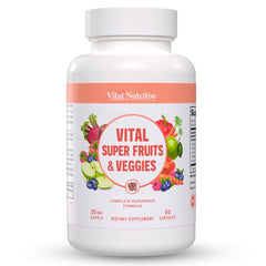 VITAL NUTRITIVE Vital Super Fruits & Veggies bottle with daily capsules for busy lifestyles.
