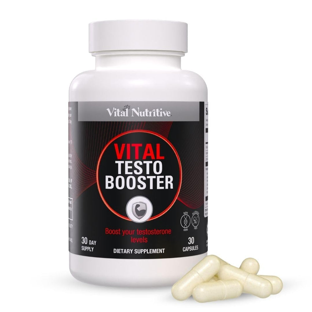 Vital Testo Support bottle with capsules highlights energy-friendly formula