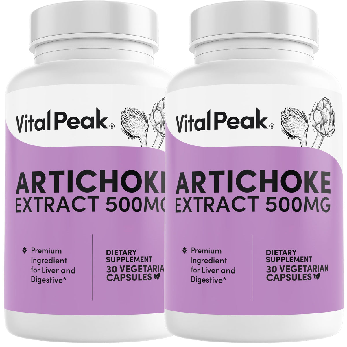 Vital Peak Artichoke 500mg capsule bottle for daily liver and digestion support.