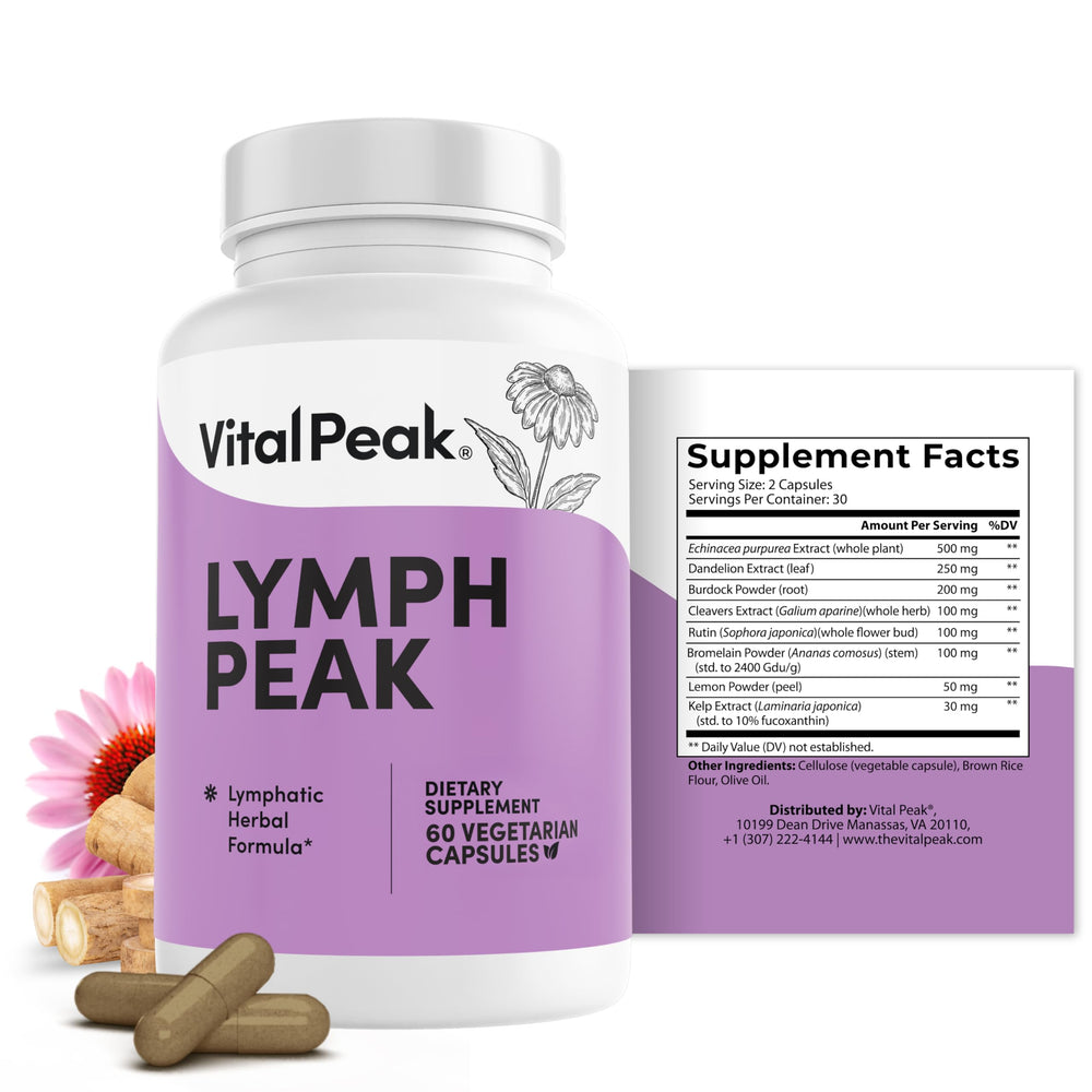 Vital Peak Lymph Peak bottle front, vegan capsules for daily lymphatic support.