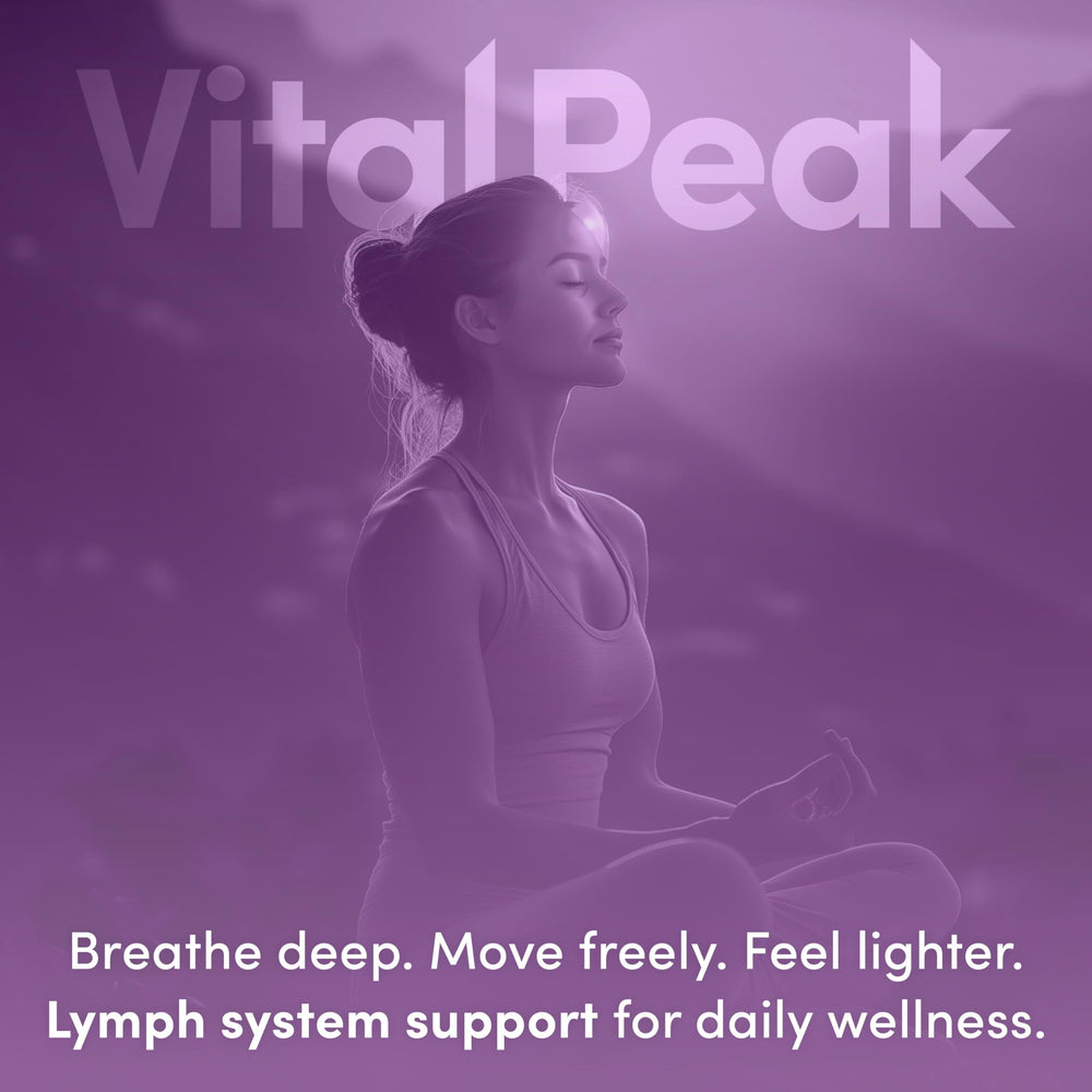 Vital Peak Lymph Peak box and bottle with vegan, gluten-free icons.