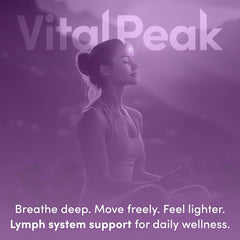 Vital Peak Lymph Peak box and bottle with vegan, gluten-free icons.
