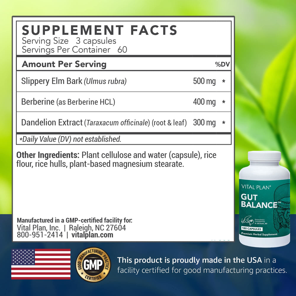 Vital Plan Gut Balance label close-up highlighting transparent ingredient listing for trust.