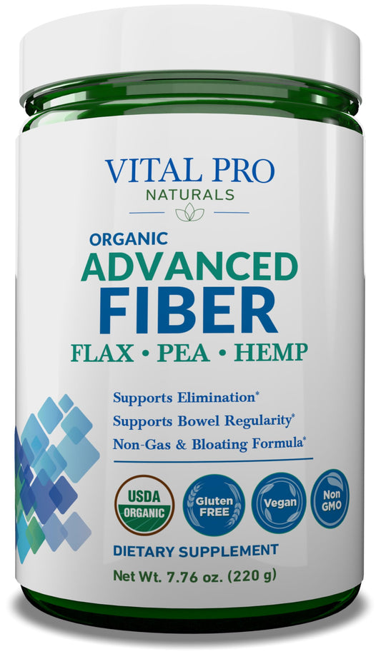 Vital Planet Advanced Fiber bottle front view with organic flax, pea, and hemp fiber for daily support