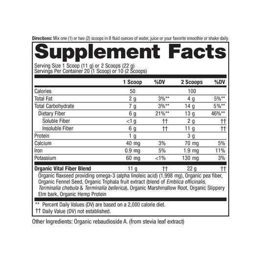 Vital Planet Advanced Fiber powder being scooped to stir into smoothies for easy daily fiber