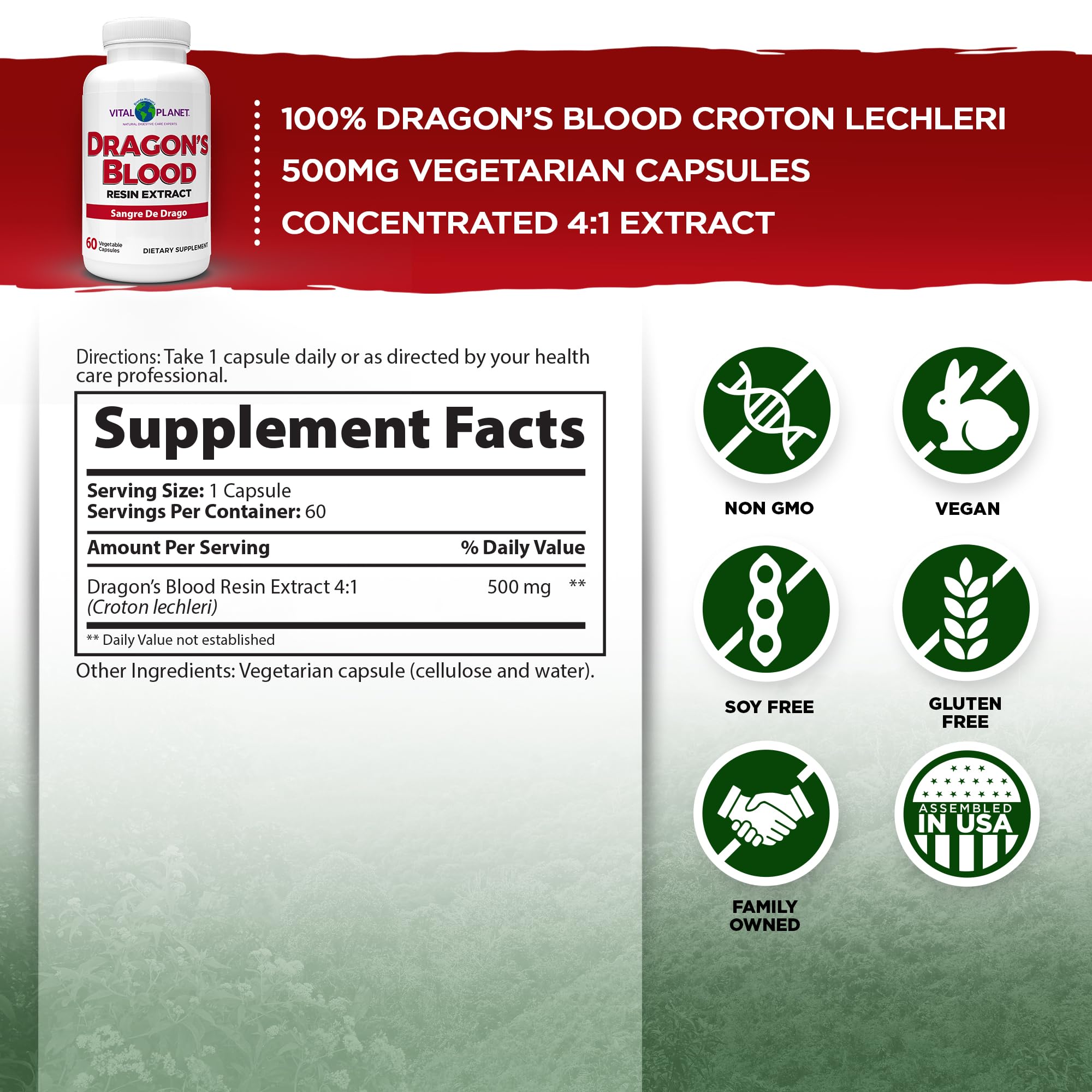 Vital Planet Dragons Blood resin bottle highlights 500 mg potency in a vegan capsule