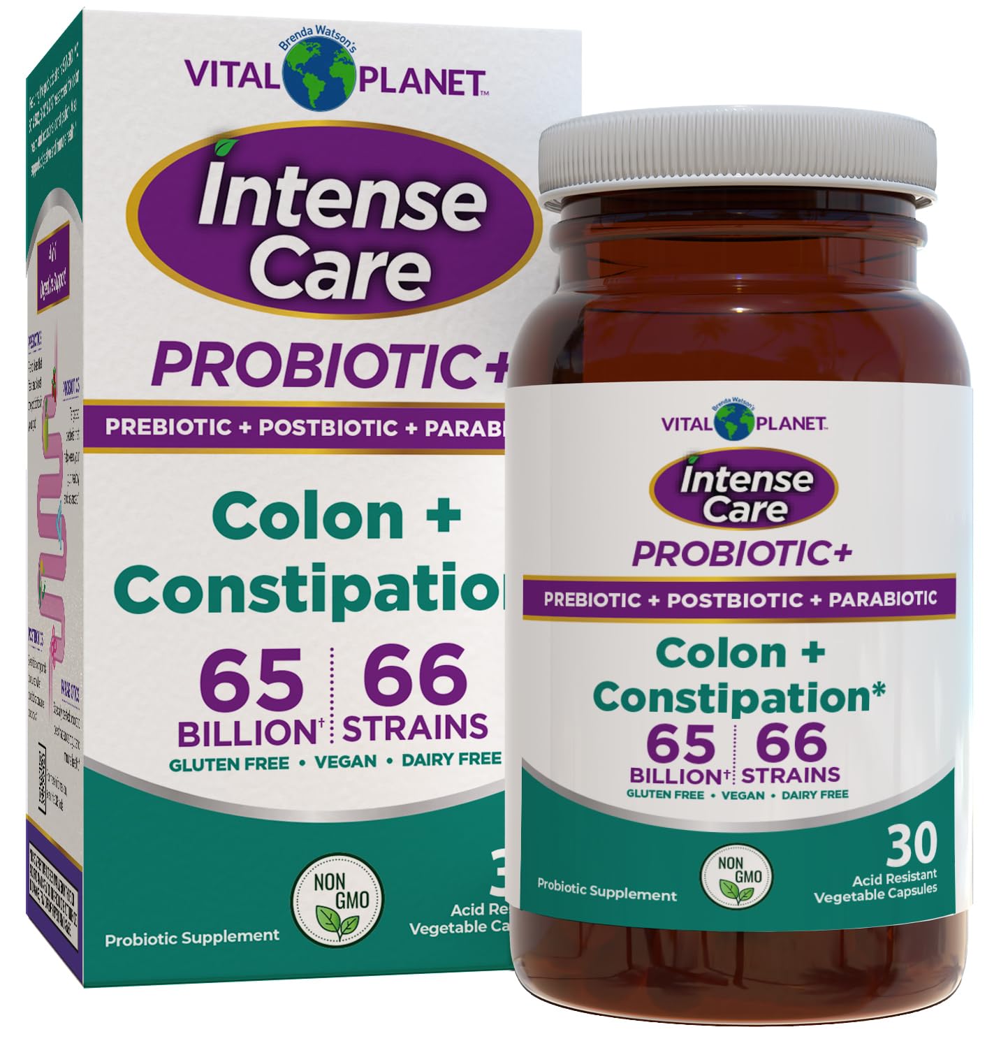Vital Planet Intense Care bottle front; supports digestive comfort and daily bowel regularity.