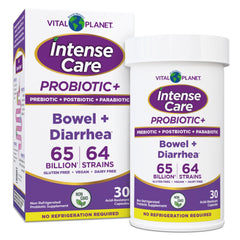 Vital Planet Intense Care probiotic bottle highlights 65-billion CFU multi-strain gut support.