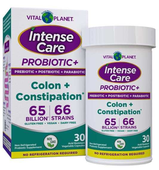 Vital Planet Intense Care Colon bottle highlights high-potency probiotic blend for daily regularity