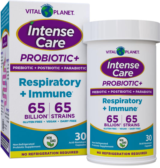 Vital Planet Intense Care Respiratory bottle highlighting daily support for respiratory and immune balance.
