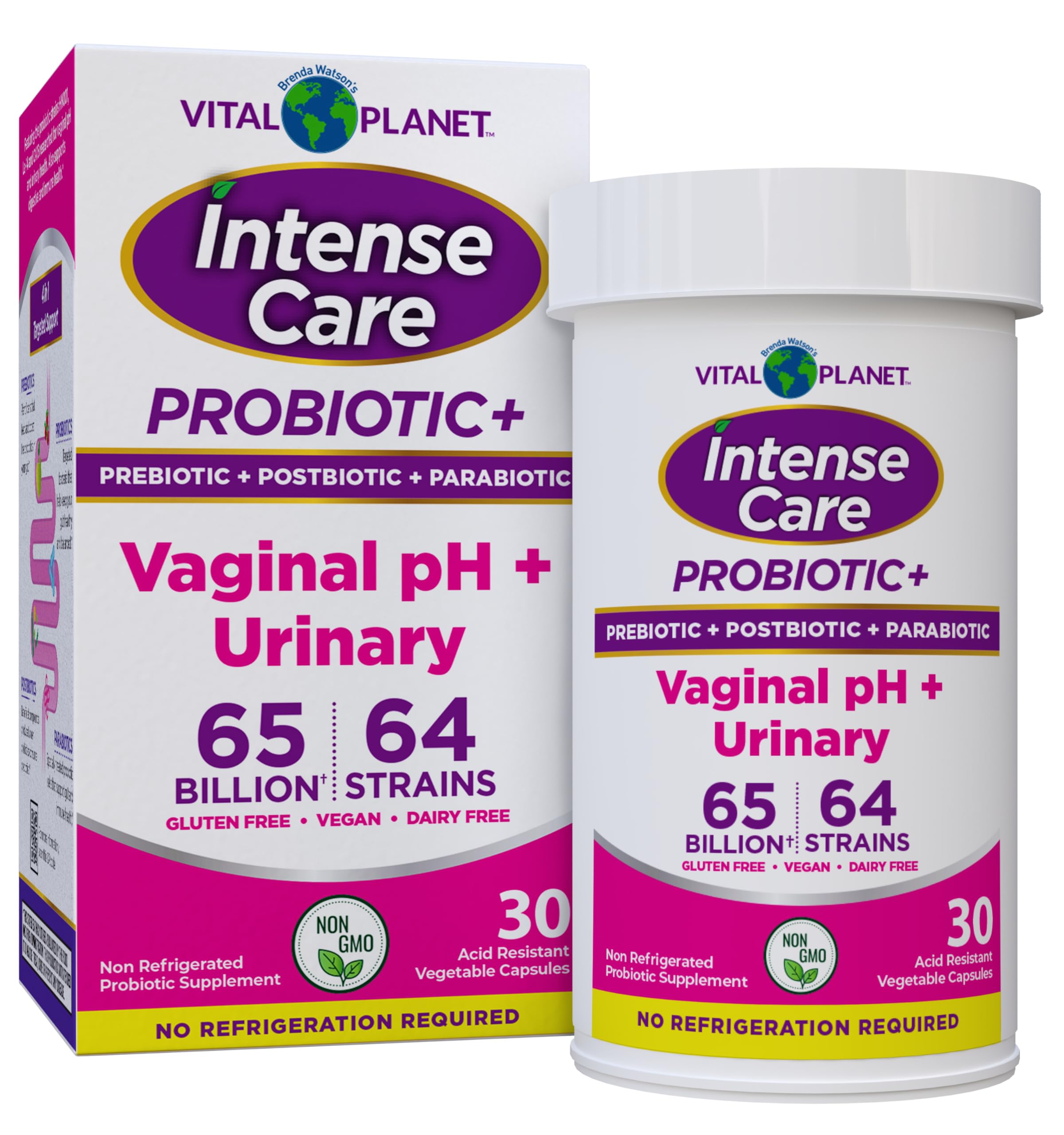 Vital Planet Intense Care vaginal pH bottle shows capsules for vaginal and urinary balance.