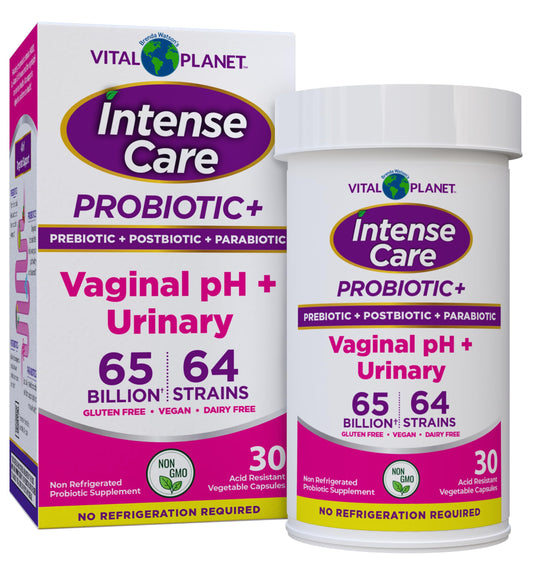 Vital Planet Intense Care vaginal pH bottle shows capsules for vaginal and urinary balance.