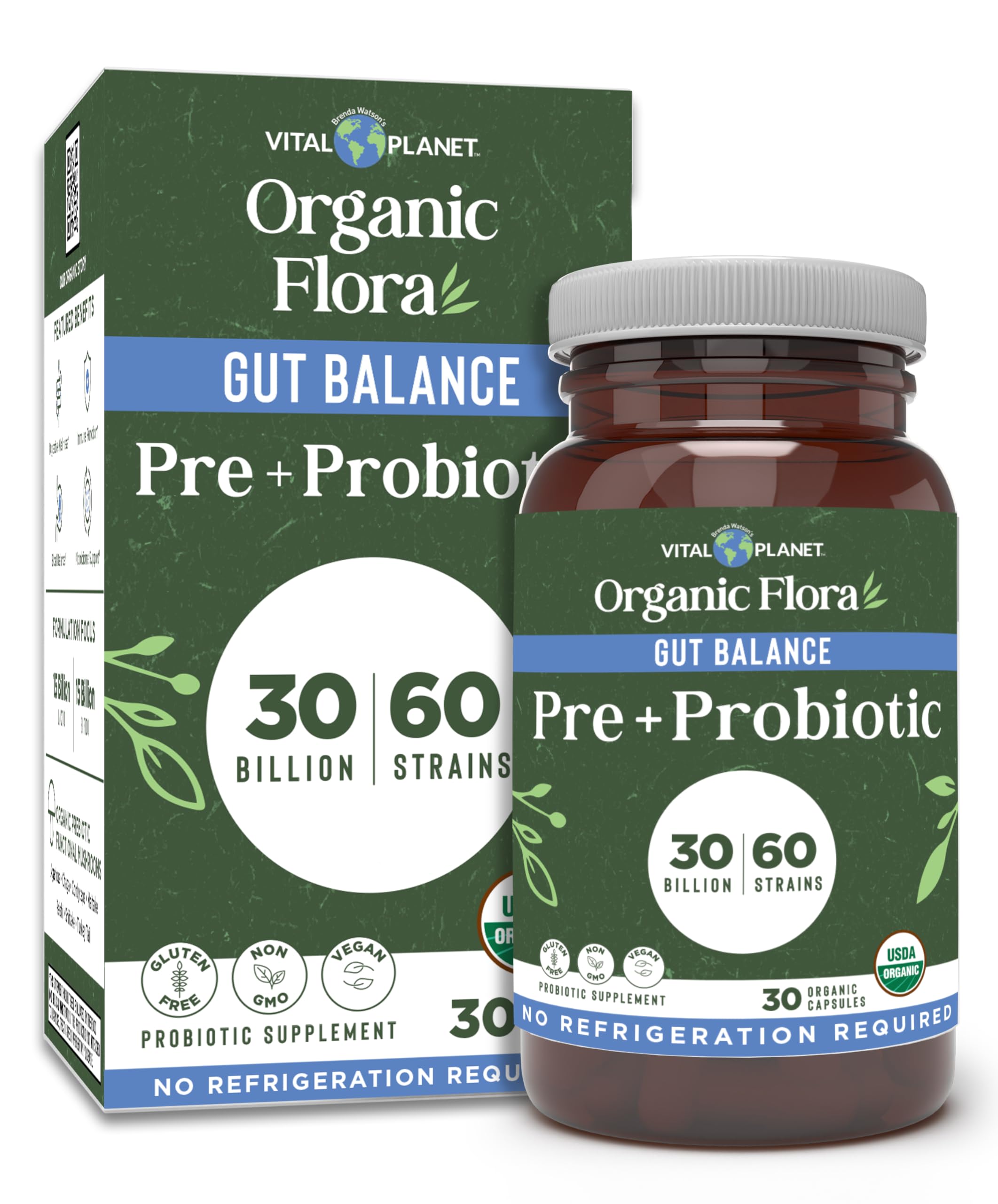Vital Planet Organic Flora Probiotics bottle front shows branding for daily gut balance.