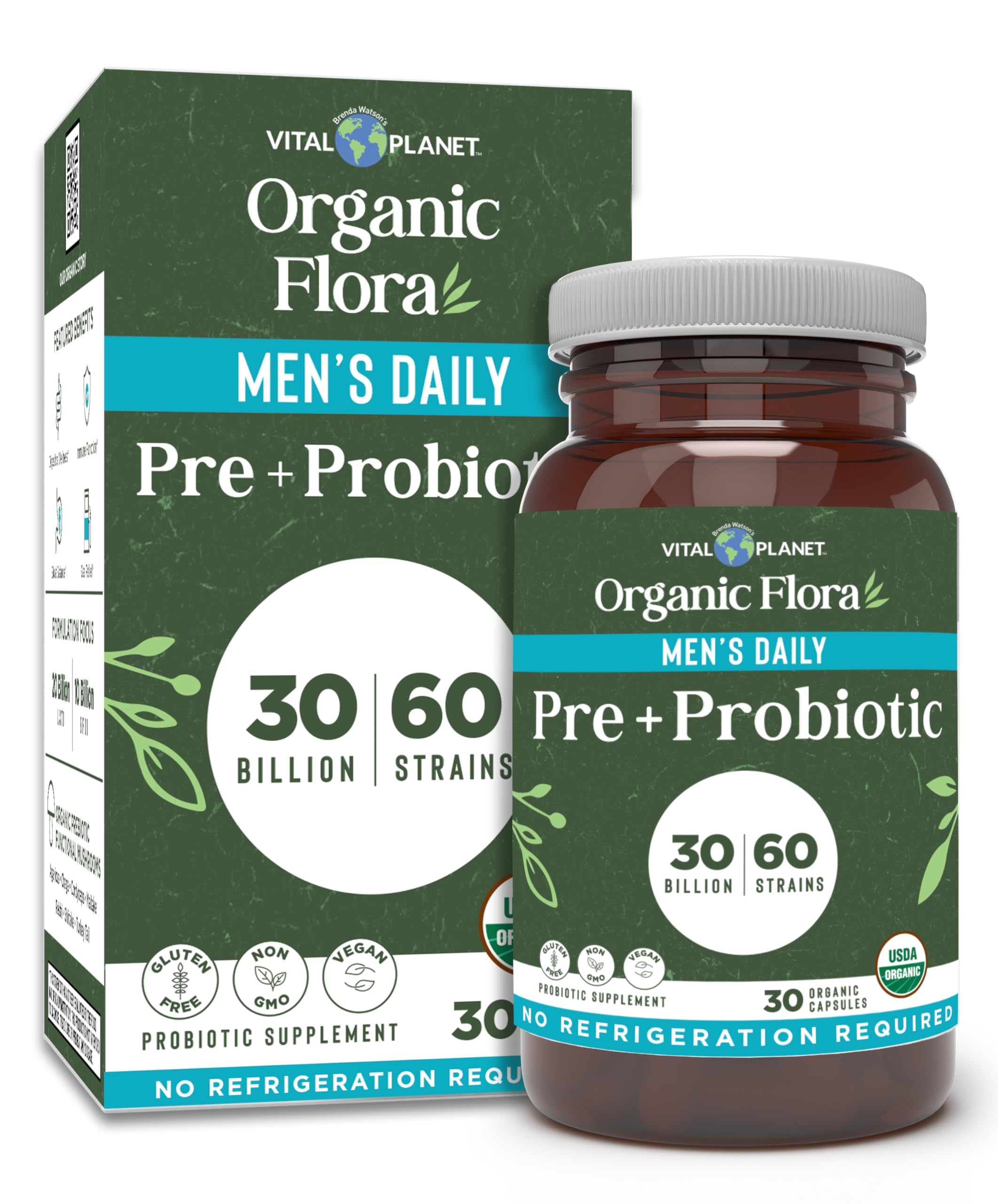 Vital Planet Organic Flora Probiotics for Men bottle cap close-up highlighting shelf-stable daily use