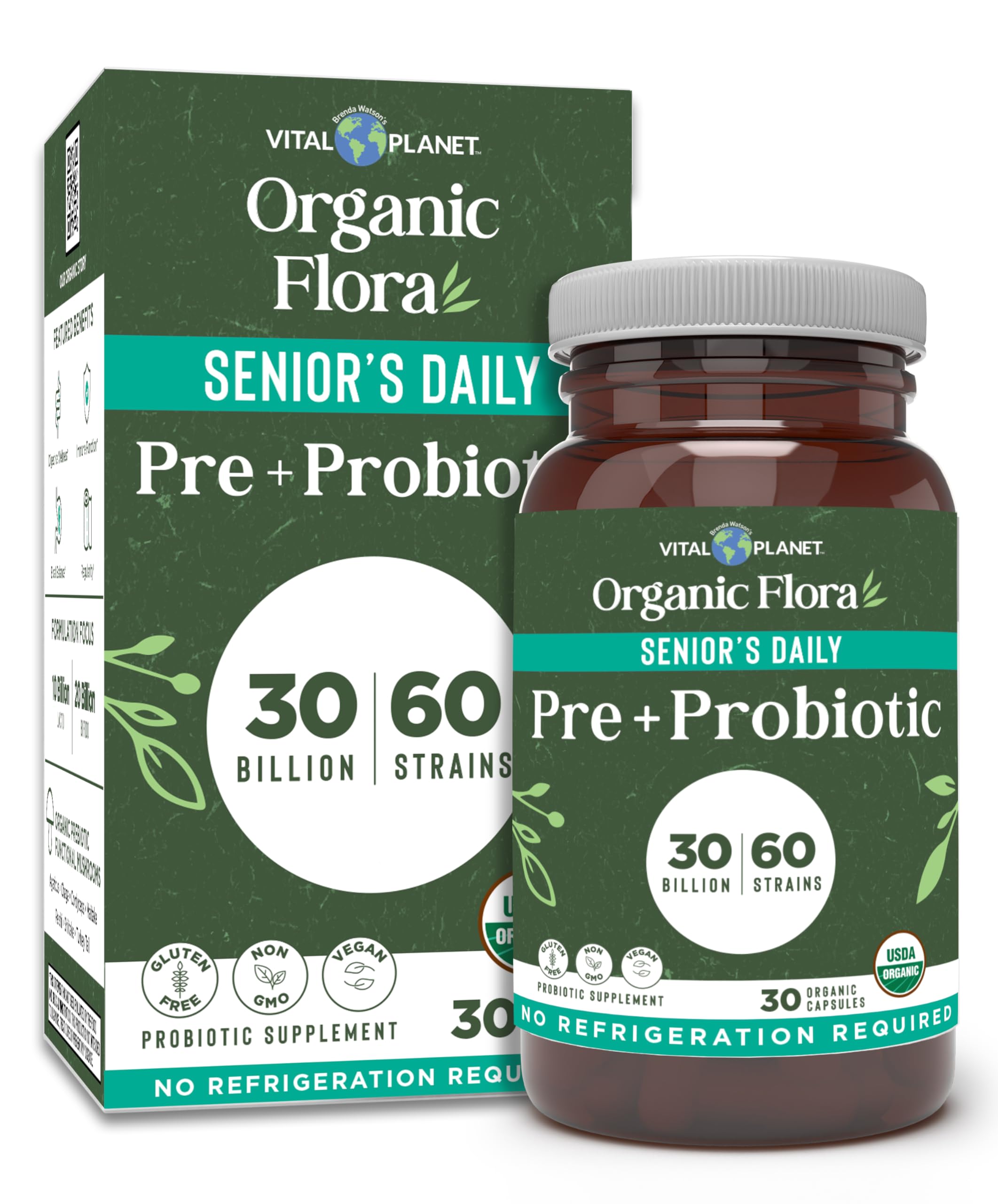 Vital Planet Organic Flora Probiotics senior bottle supports digestive balance and immune resilience.