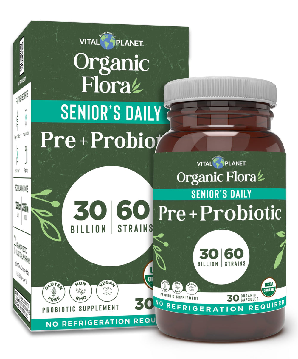 Vital Planet Organic Flora Probiotics senior bottle supports digestive balance and immune resilience.