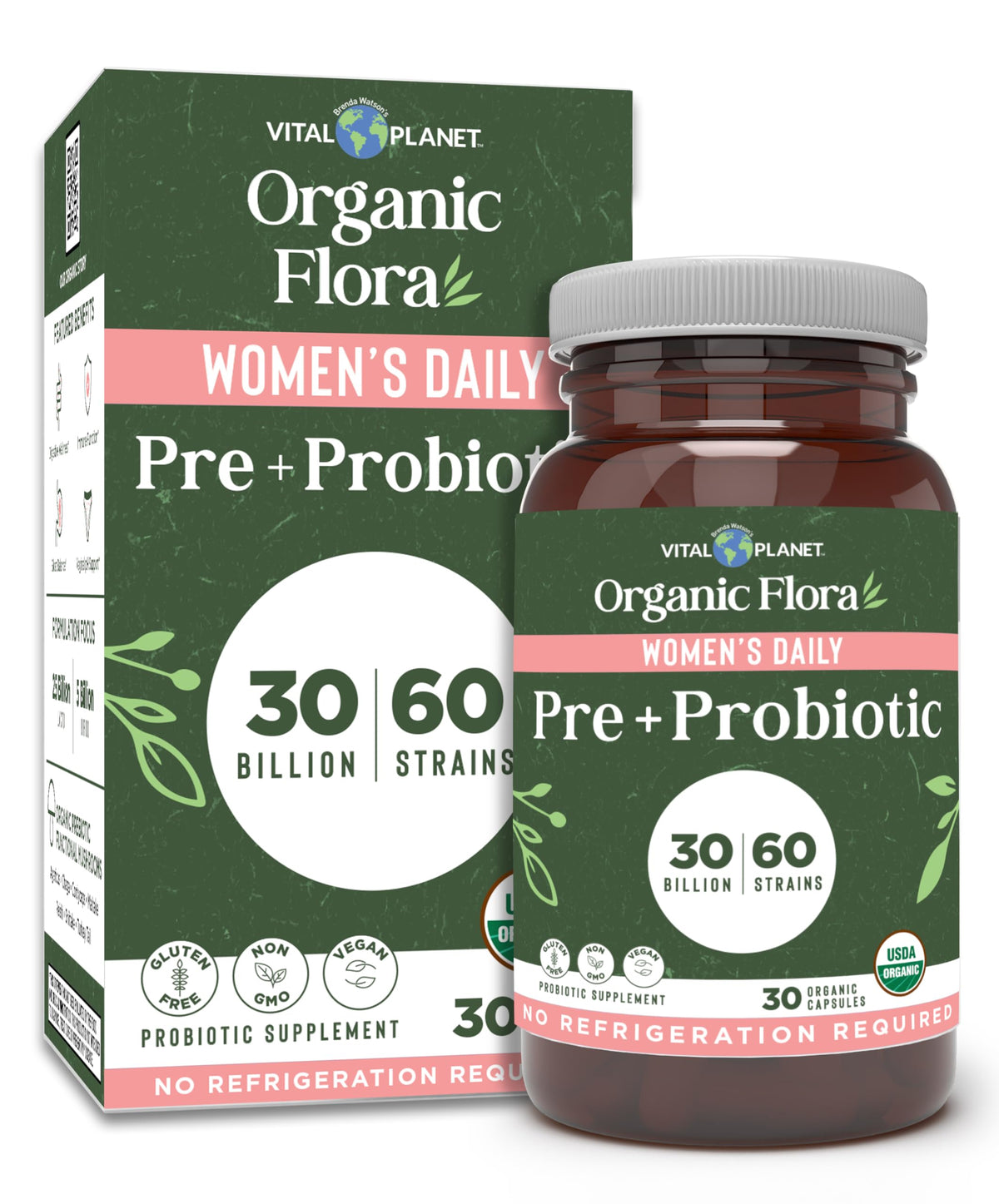 Vital Planet Organic Flora Probiotics for Women bottle on shelf supports digestive balance.