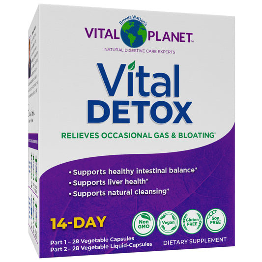 Vital Detox bottle front displays the 14-day program for digestive support